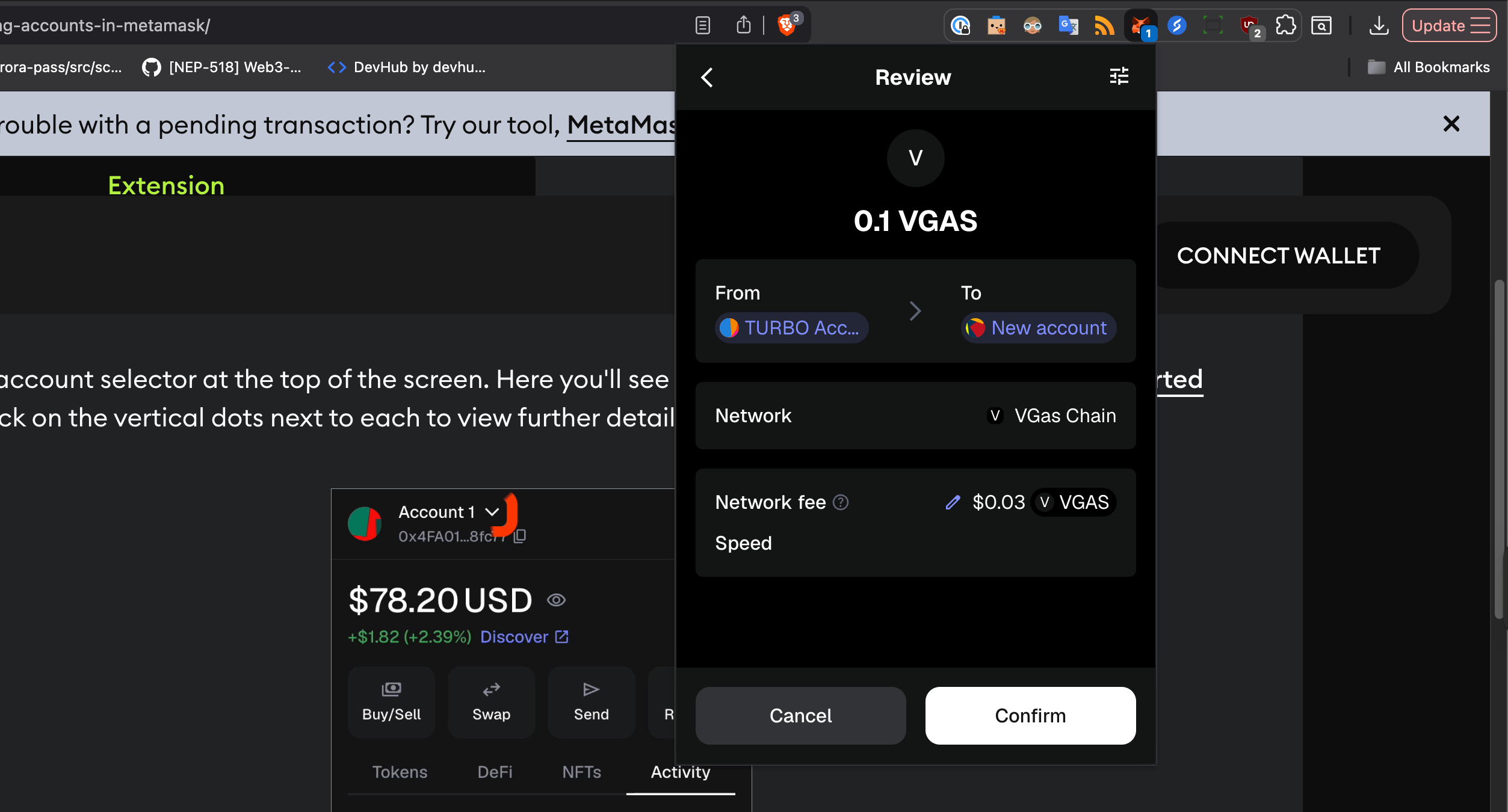 transaction confirmation screen in MetaMask