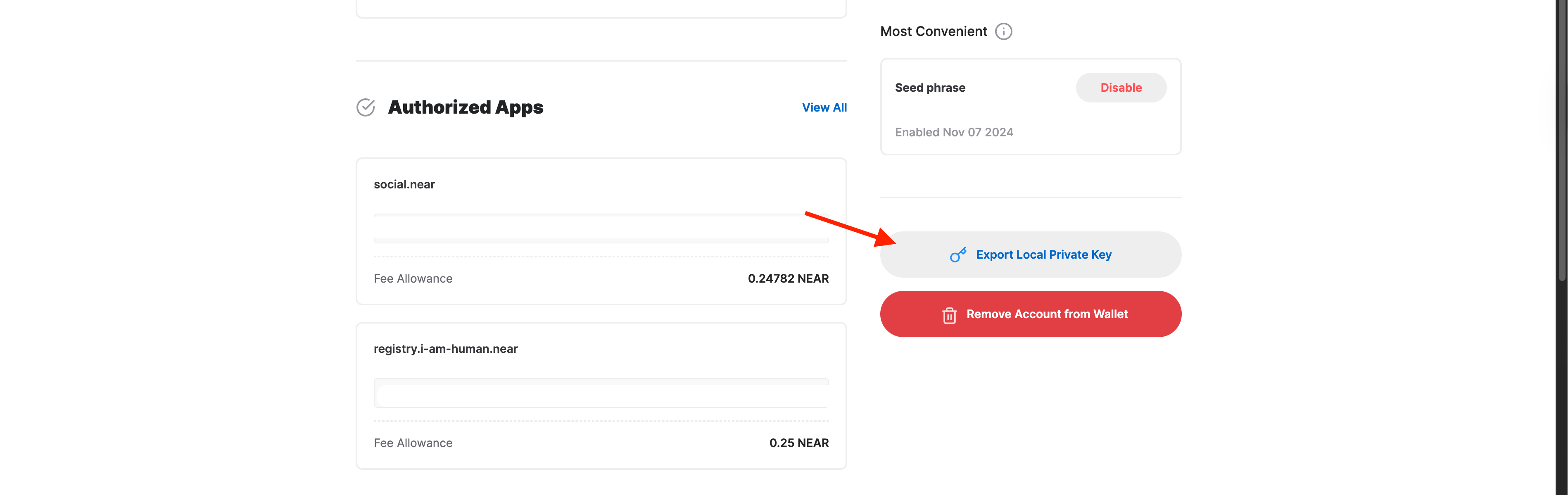 export local private key button in MyNearWallet