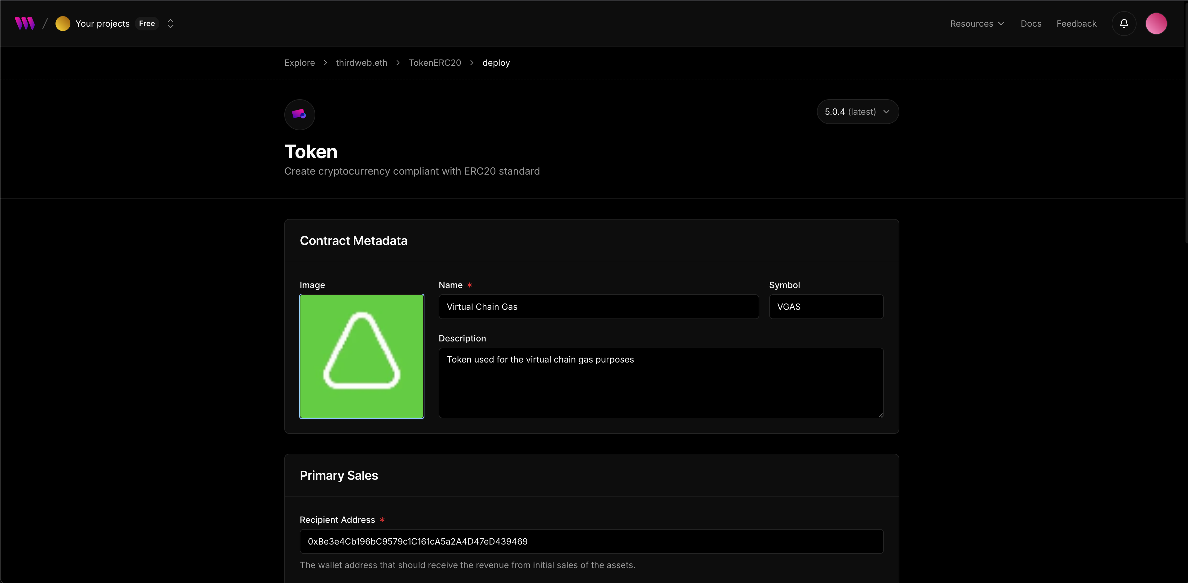 thirdweb token information form